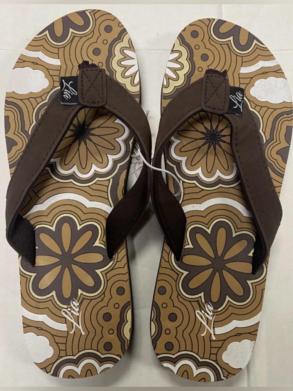 Lia Groovy Flower Women's Flip Flops Brown Hippie Sandals Sizes 6 7 8 9 10 11